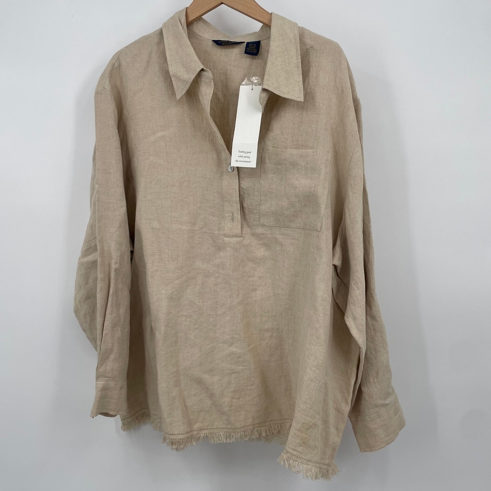 Ecologie Woman Tan 100% Linen Popover Shirt Raw Hem Beige 2X NWT